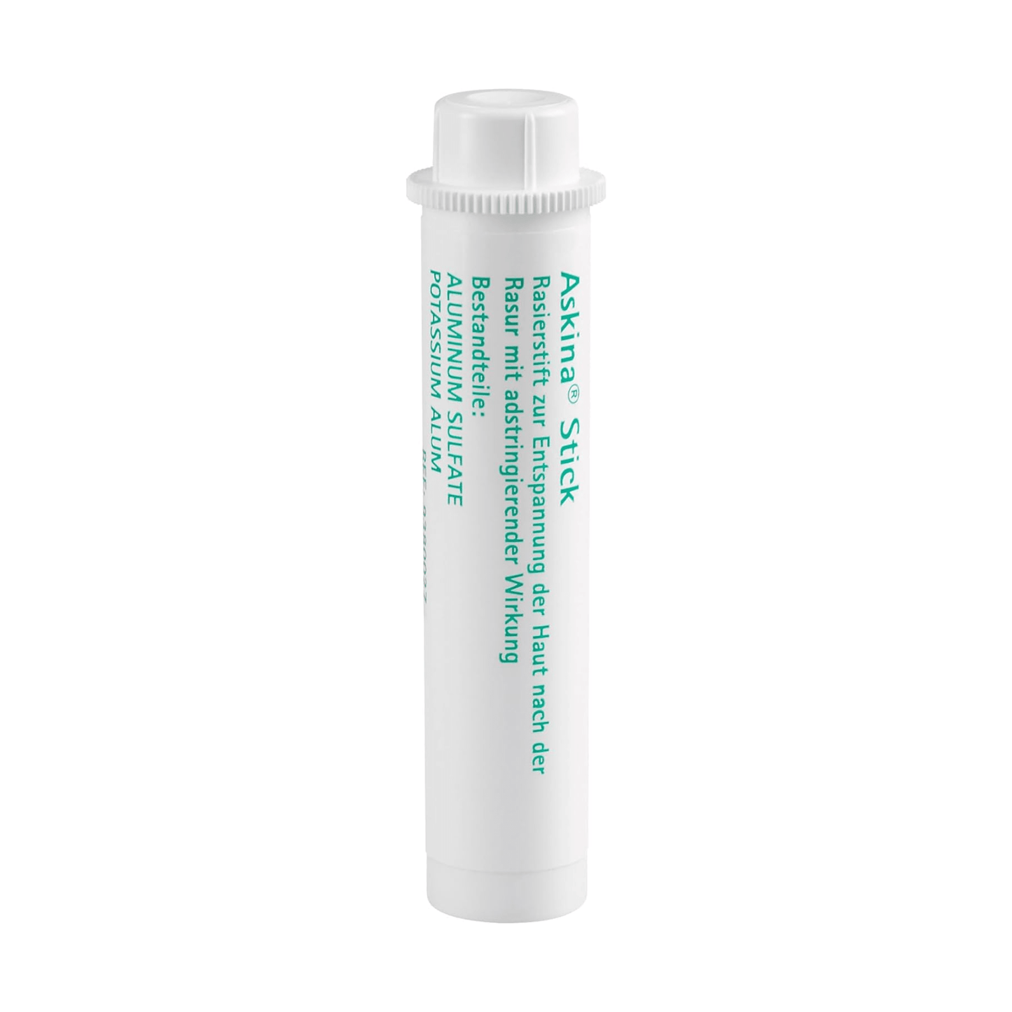 Cylindryczny biały pojemnik z białą pokrywką i zielonym tekstem. Produkt nosi nazwę „B. Braun Askina® Stick Sztyft do golenia dla odprężenia skóry | 1 sztuka” i jest oferowany przez B. Braun Deutschland GmbH & Co. KG. Zawiera siarczan glinu do skutecznego tamowania krwi.
