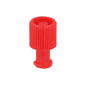 Czerwony B. Braun korek Combi-Stopper firmy B. Braun Deutschland GmbH & Co. KG ma żebrowany, cylindryczny kształt z szerszą podstawą i zagłębioną górą, idealny do sterylnych zamknięć. Opakowanie zawiera 100 sztuk, izolowane na białym tle.