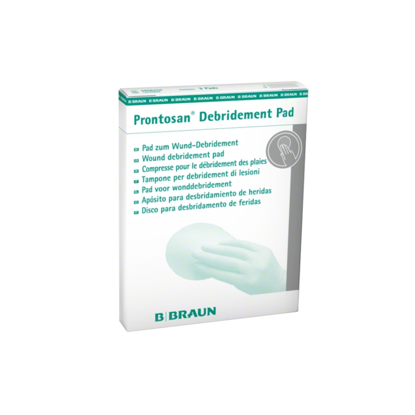 Obrazek B. Braun Debridement Pads, 3-pack| Opakowanie (3 sztuki) od B. Braun Deutschland GmbH & Co. KG pokazuje białe pudełko z zielonym i szarym tekstem, wielojęzycznymi etykietami oraz obraz ręki używającej pad do debridementu ran, co podkreśla skuteczną stronę z mikrofibry.