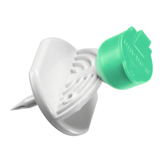 Pinezka B.Braun Mini-Spike® firmy B. Braun Deutschland GmbH & Co. KG w zielono-białej obudowie z tworzywa sztucznego, o płaskiej, okrągłej górnej powierzchni i spiczastym końcu; spód jest tak skonstruowany, aby zapobiegać głębokiemu wnikaniu w powierzchnie.