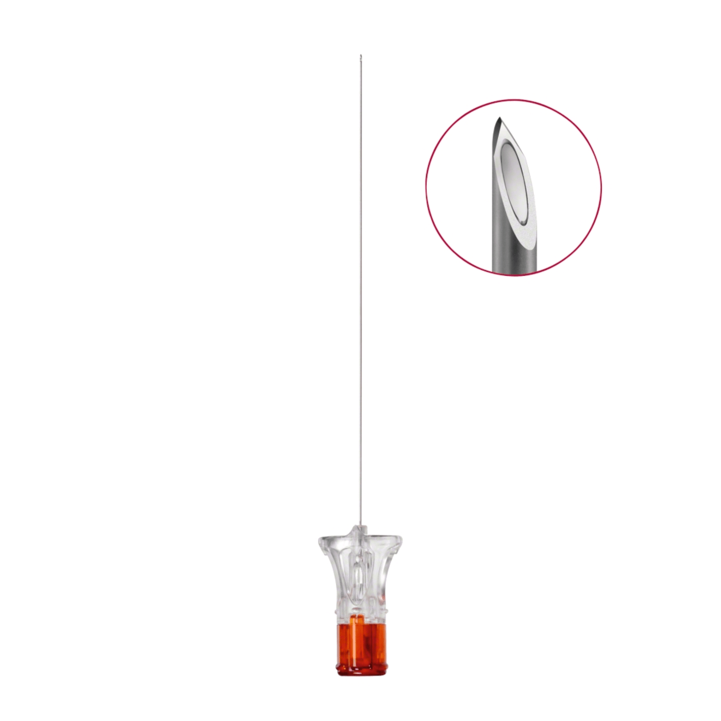 Igła Spinocan® o wymiarach 0,53 x 88 mm jest przedstawiona pionowo na białym tle i posiada przezroczysty plastikowy uchwyt z pomarańczową podstawą. Okrągły wstawka oferuje zbliżenie ostrej, skośnej krawędzi końcówki igły, która została opracowana przez B. Braun Deutschland GmbH & Co. KG do precyzyjnych zastosowań w znieczuleniu rdzeniowym.