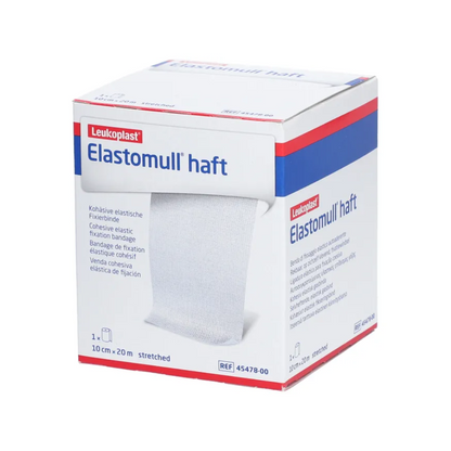 Eine Schachtel BSN Elastomull® haft, eine elastische Fixierbinde der BSN Medical GmbH. Die Schachtel ist überwiegend weiß mit blauen und roten Akzenten und zeigt auf der Vorderseite Produktdetails und Spezifikationen.