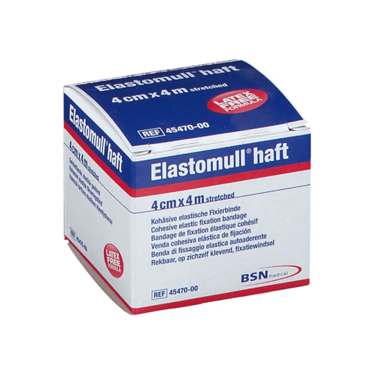 Opakowanie produktu BSN Elastomull® haft – elastycznego bandaża mocującego z polimerem bezlateksowym. Opakowanie jest białe z niebieskim i czerwonym napisem; podano wymiary po rozciągnięciu: 4 cm x 4 m; etykieta firmy BSN Medical GmbH.