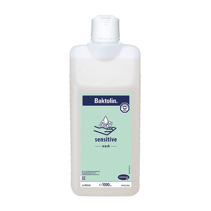 1000 ml butelka Hartmann Baktolin® sensitive lotion do mycia, wyposażona w etykietę w niebiesko-białej kolorystyce i grafikę wskazującą na zastosowanie dla wrażliwej skóry.