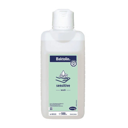500 ml butelka Hartmann Baktolin® sensitive lotion do mycia z białozieloną etykietą z logo Paul Hartmann AG i informacjami w kilku językach. Butelka ma biały zamknięcie na zatrzask.