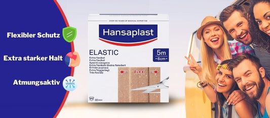 Eine Schachtel elastischer Hansaplast-Binden mit den Maßen 5 m x 6 cm wird ausgestellt. Neben der Schachtel ist eine Abbildung einer Schere zu sehen, die Verbandsmaterial schneidet. Neben der Schachtel sind Textbeschreibungen auf Deutsch und rechts eine Gruppe lächelnder Menschen zu sehen, die ein Selfie machen.