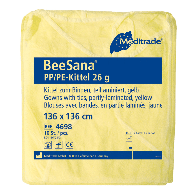 Żółte, częściowo laminowane opakowanie jednorazowe Meditrade BeeSana® PP/PE-kittel 26g, oznaczone szczegółami produktu w języku niemieckim oraz symbolami dotyczącymi możliwości recyklingu i zawartości opakowania Meditrade GmbH.