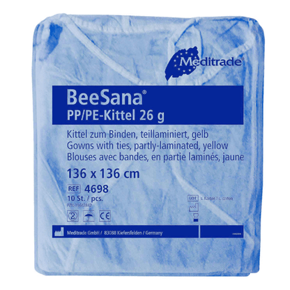 Niebiesko zapakowany Meditrade BeeSana® PP/PE-kittel 26g, opakowanie 10 sztuk, oznaczone tekstem podającym szczegóły produktu, takie jak materiał, kolor, rozmiar i ilość w opakowaniu. Ten fartuch jest zaprojektowany jako ochrona.