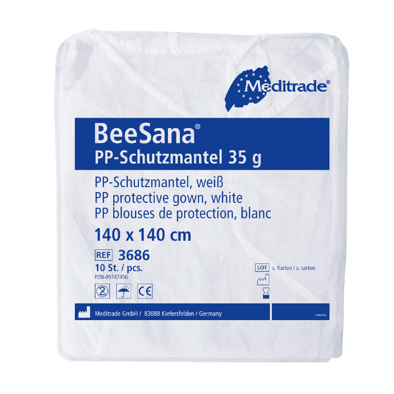 Opakowanie dla Meditrade BeeSana® PP-płaszcza ochronnego 35g, białego płaszcza ochronnego do użytku szpitalnego firmy Meditrade GmbH. Opakowanie ma wymiary 140 x 140 cm i jest idealne do jednorazowego użytku. Zawiera łącznie 100 sztuk na opakowanie.