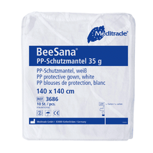 Opakowanie dla Meditrade BeeSana® PP-płaszcza ochronnego 35g, białego płaszcza ochronnego do użytku szpitalnego firmy Meditrade GmbH. Opakowanie ma wymiary 140 x 140 cm i jest idealne do jednorazowego użytku. Zawiera łącznie 100 sztuk na opakowanie.
