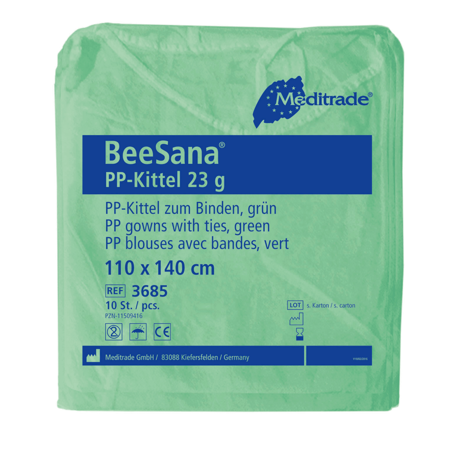 Zielona paczka Meditrade BeeSana® PP-Kittel 23g zawiera tekst w języku niemieckim i francuskim, który opisuje oddychający jednorazowy fartuch ochronny z wiązaniami o wymiarach 110 x 140 cm. Każde pudełko firmy Meditrade GmbH zawiera 100 sztuk.
