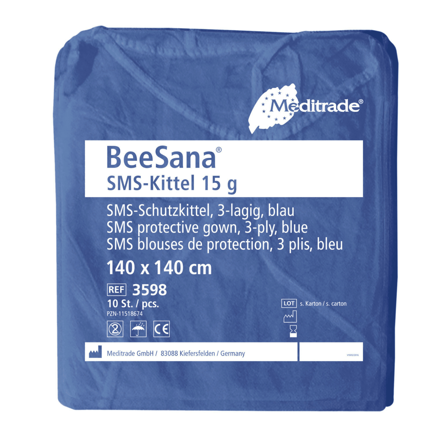 Opakowanie zawierające 100 fartuchów Meditrade BeeSana® SMS 15g (produkt wycofany) firmy Meditrade GmbH, do jednorazowego użytku. Informacje o produkcie w języku niemieckim, angielskim i francuskim.