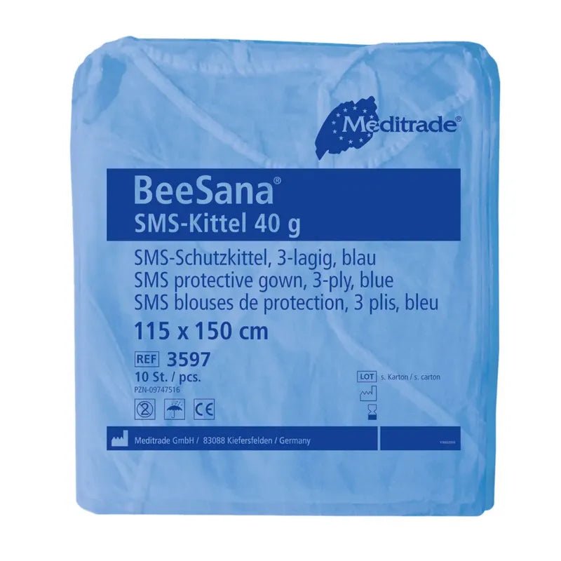 Zapieczętowane opakowanie Meditrade BeeSana® SMS-Kittel 40g, 3-warstwowe, firmy Meditrade GmbH, zawierające 10 sztuk. Opakowanie zawiera szczegóły produktu i loga certyfikacyjne.