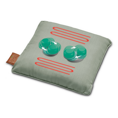 Szare, kwadratowe Beurer poduszka masująca MG 139 od Beurer GmbH pokazuje obraz czterech turkusowych kształtów koła z białymi strzałkami, które wskazują rotację. Powyżej i poniżej kół widać trzy zestawy równoległych czerwonych linii. Na jednej krawędzi znajduje się mała brązowa etykieta z tekstem.