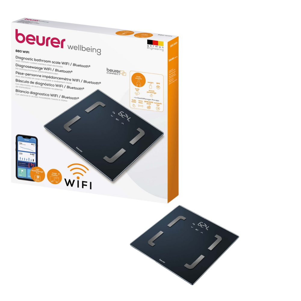 Obraz wagi osobowej Beurer BF 880 z WiFi od Beurer GmbH, z łącznością WiFi i Bluetooth. Waga jest czarna z srebrnymi akcentami i ma wyświetlacz cyfrowy. Opakowanie produktu jest pokazane i podkreśla funkcje takie jak analiza tkanki tłuszczowej, kompatybilność z aplikacją oraz aplikację Beurer HealthManager Pro do monitorowania zdrowia.