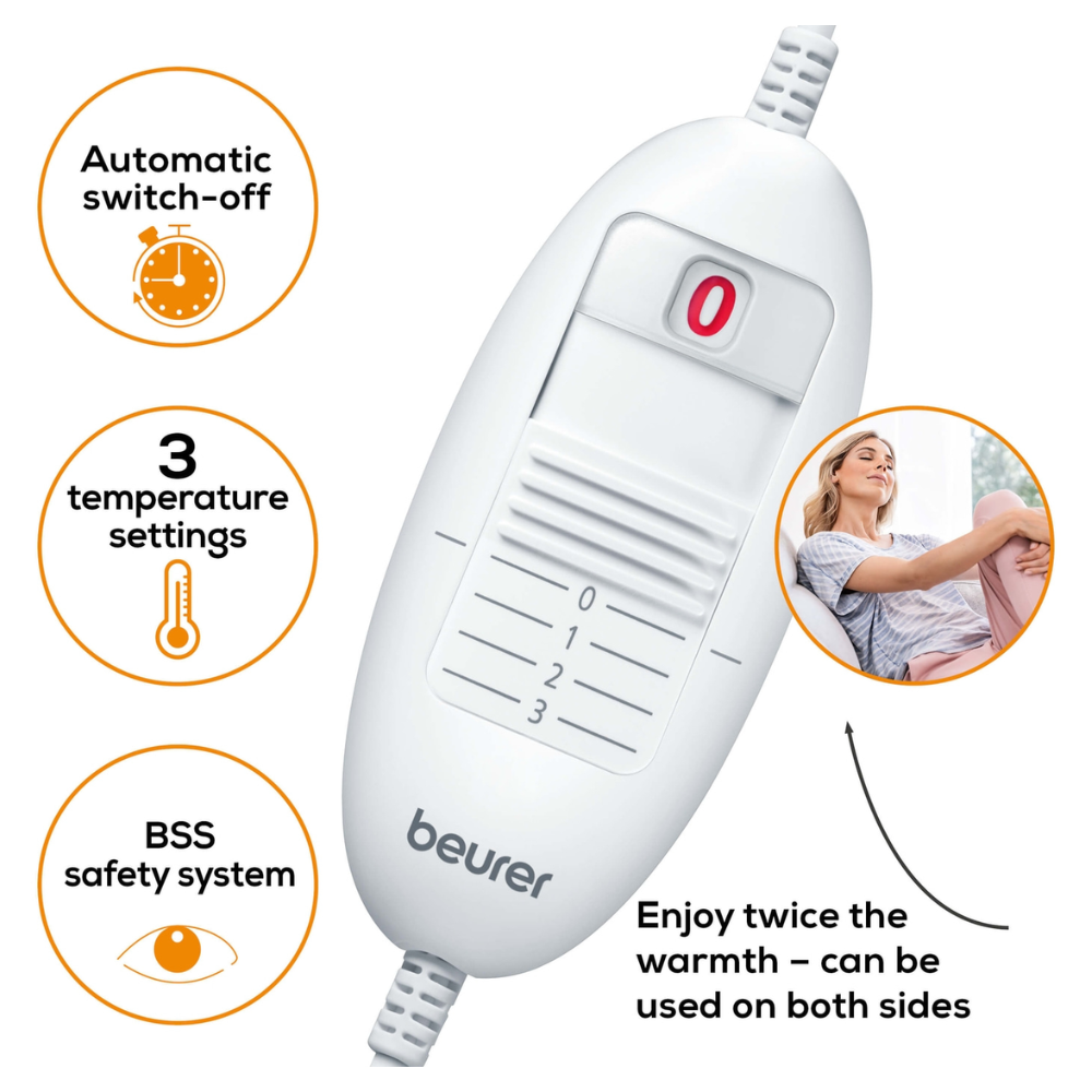 Obraz jednostki sterującej Beurer HK 48 poduszki grzewczej na sofę Cosy z opisanymi funkcjami. Urządzenie posiada włącznik/wyłącznik, trzy ustawienia temperatury, funkcję automatycznego wyłączania i system bezpieczeństwa BSS. Tekst podkreśla zdolność do dostarczania ciepła z obu stron dzięki projektowi poduszki dwustronnej.