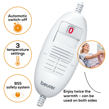 Obraz jednostki sterującej Beurer HK 48 poduszki grzewczej na sofę Cosy z opisanymi funkcjami. Urządzenie posiada włącznik/wyłącznik, trzy ustawienia temperatury, funkcję automatycznego wyłączania i system bezpieczeństwa BSS. Tekst podkreśla zdolność do dostarczania ciepła z obu stron dzięki projektowi poduszki dwustronnej.