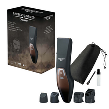 Ilustracja zestawu HR 4000 Bartstyler z Beurer „Barber’s Corner” firmy Beurer GmbH. Zawiera trymer do brody, cztery różne nasadki, szczoteczkę do czyszczenia, olejek, woreczek do przechowywania z sznurkiem oraz pudełko z ilustracją trymera z ostrzem ze stali nierdzewnej i logo marki.