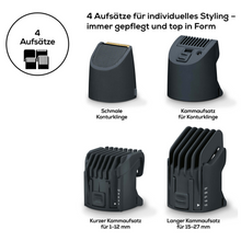 Beurer HR 4000 Bartstyler firmy Beurer GmbH posiada cztery wymienne nasadki do strzyżenia, idealne dla każdego trymera do brody. W zestawie znajduje się wąskie ostrze do konturowania, krótka nasadka grzebieniowa na 1-12 mm, długa nasadka grzebieniowa na 15-27 mm oraz nasadka do konturowania. Na opakowaniu (1 sztuka) znajduje się również niemiecki tekst.