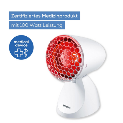 Produkty wycofane: lampa na podczerwień IL 11 firmy Beurer GmbH to certyfikowany produkt medyczny (100 watów), który łagodzi napięcia mięśniowe za pomocą czerwonego światła. Po lewej stronie niebieskie kółko pokazuje ikonę medyczną. Opakowanie zawiera 1 sztukę.