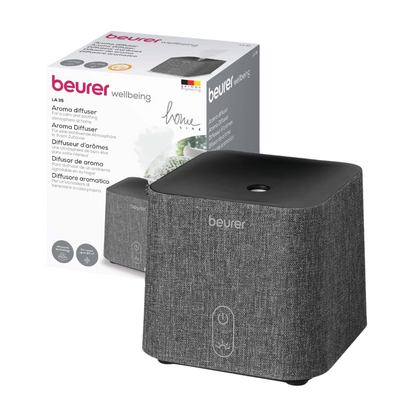Zdjęcie Beurer dyfuzora aromatycznego LA 35 przed jego opakowaniem. Dyfuzor Beurer GmbH jest szary z teksturą materiałową i posiada jeden przycisk sterujący z przodu. Używa ultradźwiękowego zamgławiania do skutecznego rozpraszania, a na opakowaniu znajduje się ten sam dyfuzor, nazwa produktu i szczegóły w kilku językach.