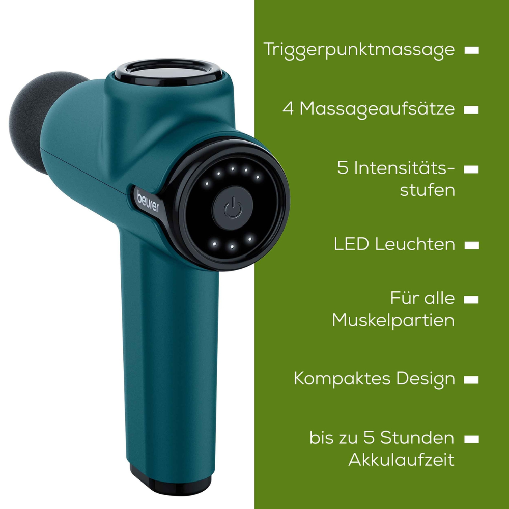 Bild der Beurer MG 99 Massage Gun compact in grün-schwarzem Farbschema. Zu den daneben aufgeführten Funktionen gehören Triggerpunktmassage, 4 Massageköpfe, 5 Intensitätsstufen, LED-Leuchten, Eignung für alle Muskelgruppen, kompaktes Design und bis zu 5 Stunden Akkulaufzeit.