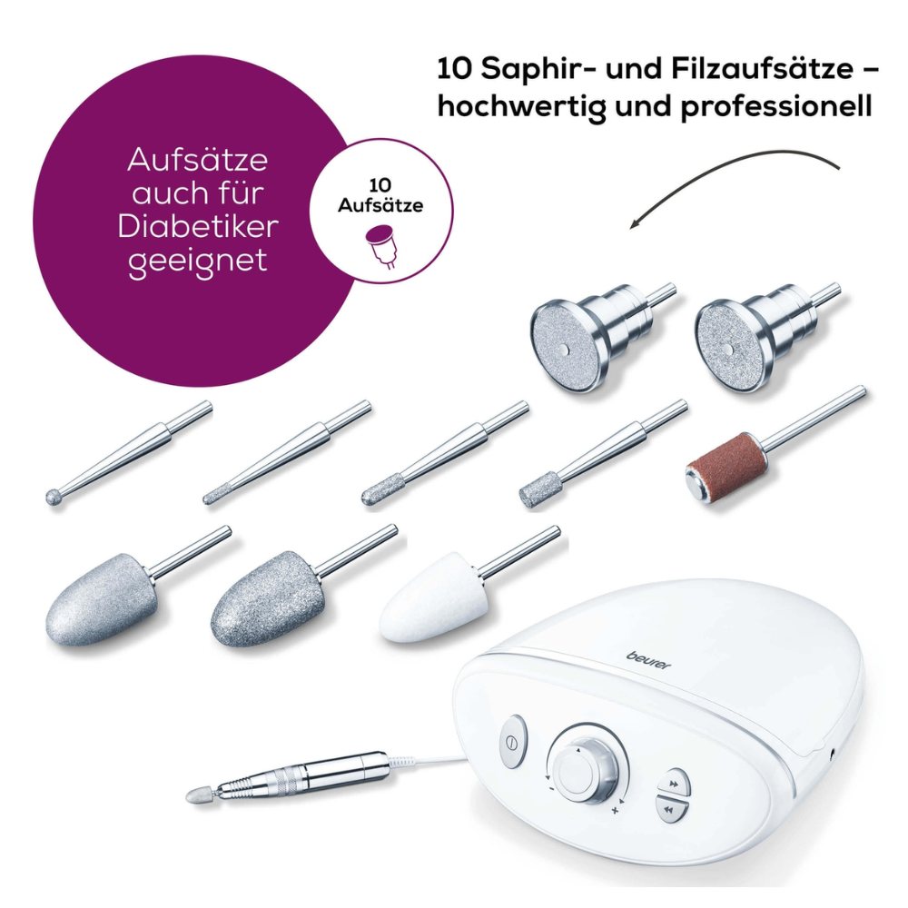 Białe elektroniczne urządzenie z napisem „Beurer stacja do manicure/pedicure MP 100 | opakowanie (1 sztuka)” od Beurer GmbH, wokół którego rozmieszczone są różne wymienne końcówki z szafiru i filcu. Niemiecki tekst podkreśla 10 wysokiej jakości końcówek odpowiednich dla diabetyków i wskazuje, że ta stacja do manicure i pedicure jest zaprojektowana do profesjonalnego użytku.