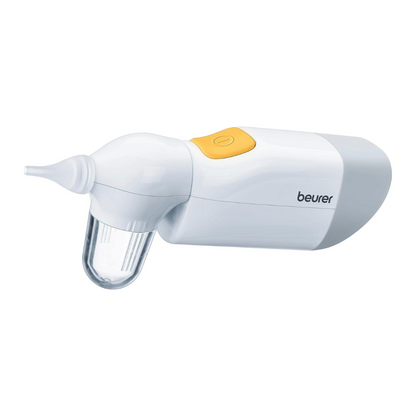 Der weiß-gelbe Beurer Nasensauger NA 20 der Beurer GmbH verfügt über eine transparente "beurer"-Sammelkammer und eine gebogene Düse zur schonenden Nasenreinigung, ideal für Babys.