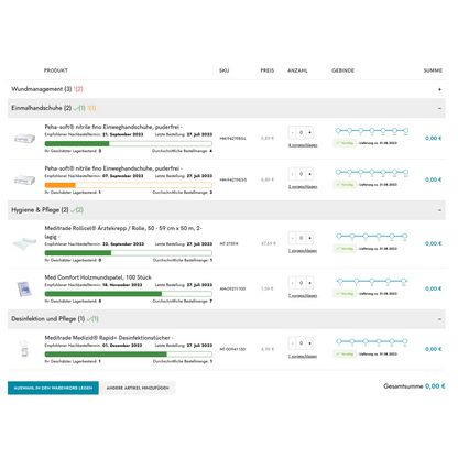 Zrzut ekranu narzędzia zamówień B2B Shopify od Altruan, który pokazuje artykuły medyczne takie jak opatrunki, rękawiczki i środki dezynfekujące z obrazkami, ilościami, cenami indywidualnymi dla klientów i całkowitą kwotą 0,00 €.