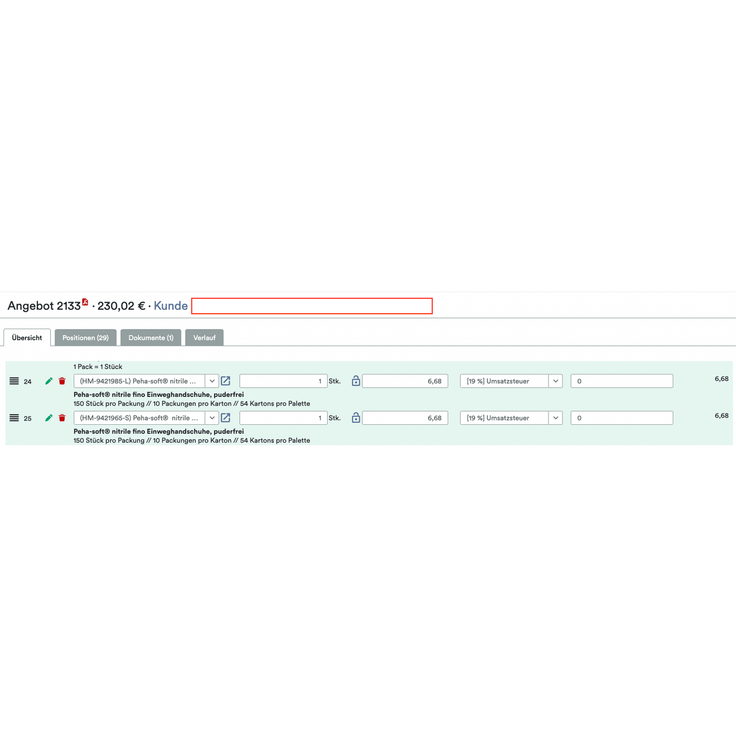 Niemiecki interfejs WooCommerce B2B od Altruan pokazuje "Shopify B2B Order Tool: narzędzie zamówień z przypomnieniami i cenami indywidualnymi dla klientów" z opcjami ilość, opakowanie, stawka podatku, ceny indywidualne; całkowita oferta: 230,02 € za dwa artykuły.