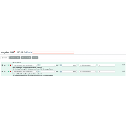 Niemiecki interfejs WooCommerce B2B od Altruan pokazuje "Shopify B2B Order Tool: narzędzie zamówień z przypomnieniami i cenami indywidualnymi dla klientów" z opcjami ilość, opakowanie, stawka podatku, ceny indywidualne; całkowita oferta: 230,02 € za dwa artykuły.