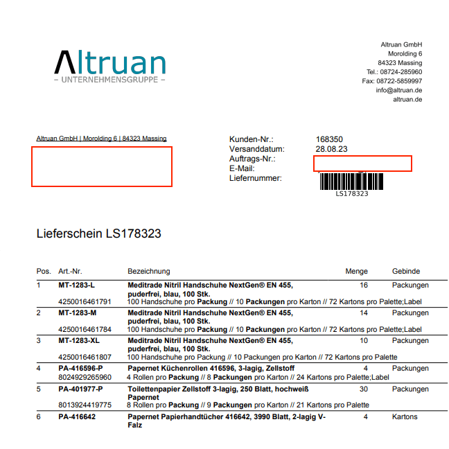 Zdjęcie listu przewozowego od „Altruan” z takimi szczegółami jak adres nadawcy, numer faktury i szczegółowa lista wysłanych produktów, w tym ilości i rodzaje opakowań.
