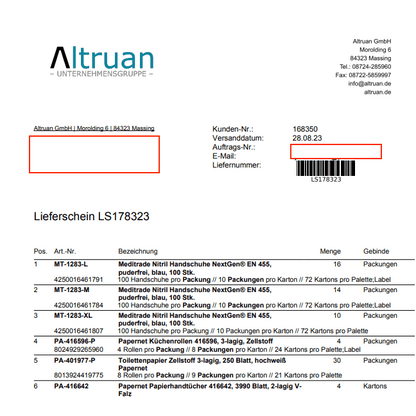 Zdjęcie listu przewozowego od „Altruan” z takimi szczegółami jak adres nadawcy, numer faktury i szczegółowa lista wysłanych produktów, w tym ilości i rodzaje opakowań.