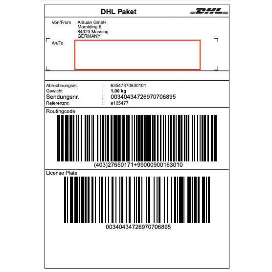 Etykieta DHL firmy Altruan GmbH (Morolding 6, 84323 Massing, Niemcy) zawiera kody kreskowe i wagę 1,00 kg z numerem śledzenia 00340434276970706895. Adres odbiorcy jest pusty do aktualizacji przez aplikację PackMaster: Weclapp Logistik Packing App w celu poprawy efektywności etykiet wysyłkowych.