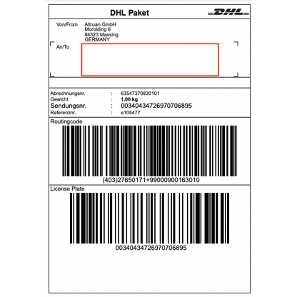 Etykieta DHL firmy Altruan GmbH (Morolding 6, 84323 Massing, Niemcy) zawiera kody kreskowe i wagę 1,00 kg z numerem śledzenia 00340434276970706895. Adres odbiorcy jest pusty do aktualizacji przez aplikację PackMaster: Weclapp Logistik Packing App w celu poprawy efektywności etykiet wysyłkowych.