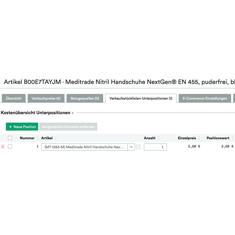 Zrzut ekranu strony internetowej, na której wyświetlane jest zamówienie dla „UnitTable Sync: Weclapp Verpackungseinheiten und Stücklistengenerator” z Amazon-ASINS, ilością i ceną w widoku siatki.