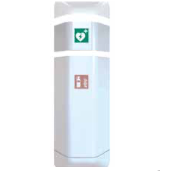 Der Novocal help Aufsatz Defibrillator von Novocal ist ein weißes, rechteckiges Wandgerät mit grünem Defibrillator-Schild und rosa Erste-Hilfe-Symbol, perfekt für die Notfallset-Aufbewahrung und zur Unterstützung lebensrettender Maßnahmen.