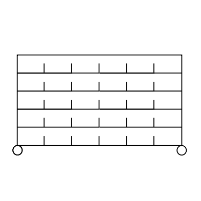 Eine einfache Strichzeichnung des Novocal Sortierregalwagens (Präzisionsstahl, vernickelt, hochglanzverchromt, 4 Eckpfosten) zeigt fünf Regalböden mit vertikalen Abschnitten und zwei kleinen Kreisen an jeder unteren Ecke. Packung: 1 Stück.