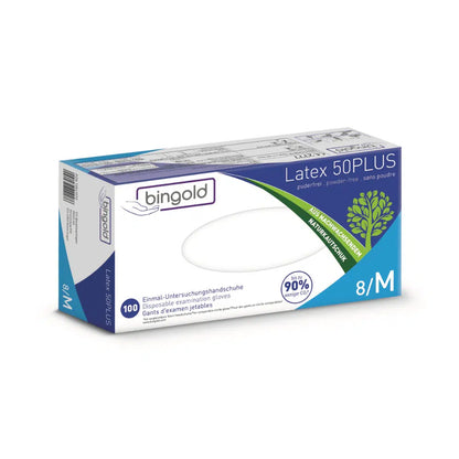 Pudełko rękawiczek lateksowych Bingold Latex 50PLUS, rozmiar 8/M od BINGOLD GmbH + Co. KG. Opakowanie podkreśla bezpudrowy design i posiada w 90% formułę wolną od plastiku, która jest przyjazna weganom i dlatego idealnie nadaje się do użytku laboratoryjnego oraz ochrony przed zagrożeniami chemicznymi. Zawiera 100 rękawiczek.