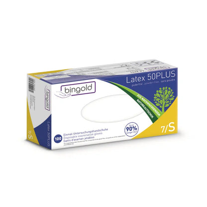 Pudełko rękawiczek lateksowych Bingold Latex 50PLUS, białe, rozmiar 7/S. Opakowanie jest białe-żółte z zielonymi akcentami i zawiera 100 rękawiczek lateksowych. Te bezpudrowe rękawiczki składają się głównie z naturalnego lateksu (90% pochodzenia naturalnego) i są idealne do użytku w laboratorium, oferując ochronę przed zagrożeniami chemicznymi.