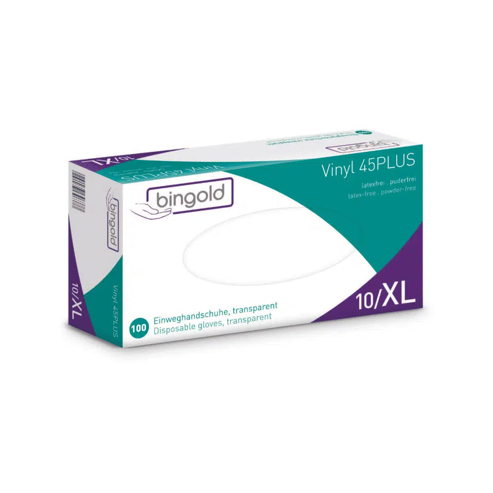 Eine Schachtel Bingold Vinyl 45PLUS Einmalhandschuhe Vinylhandschuhe in Größe XL, mit einer weiß-blaugrünen Verpackung mit violetten Akzenten, bewirbt diese Handschuhe als latex- und puderfreie Alternative zu Latex. Die Packung enthält 100 transparente Handschuhe.