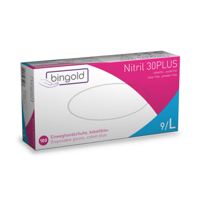 Jednorazowe rękawiczki Bingold Nitril 30PLUS, rozmiar 9/L, firmy BINGOLD GmbH + Co. KG, są idealne do przemysłu spożywczego. Białe opakowanie z fioletowymi i niebieskimi akcentami ma tekst w języku niemieckim i angielskim. Te kobaltowe rękawiczki są bez lateksu i pudru.