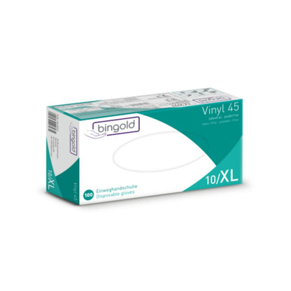Bingold Vinyl 45 Einweghandschuhe der BINGOLD GmbH + Co. KG sind in der Größe 10/XL erhältlich und werden in einer weißen Box mit grünen und violetten Akzenten sowie englischen und deutschen Produktdetails verpackt. Die Box enthält 100 transparente, latexfreie, puderfreie Handschuhe der Schutzklasse CAT III.