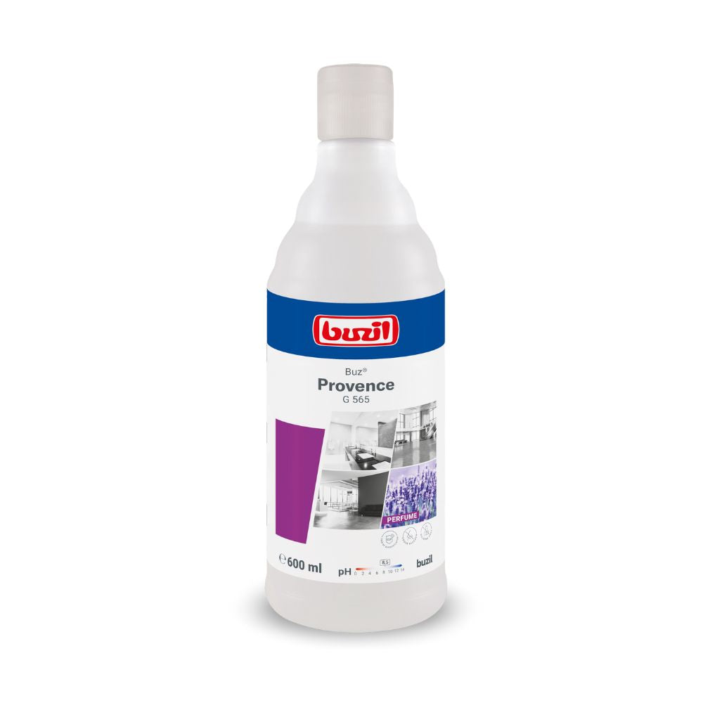 600 ml butelka gotowego do użycia odświeżacza powietrza Buzil Air Provence G 565 od BUZIL-WERK Wagner GmbH & Co. KG, wyposażona w biało-niebieską etykietę z logo marki, nazwą produktu i obrazami czystych wnętrz.
