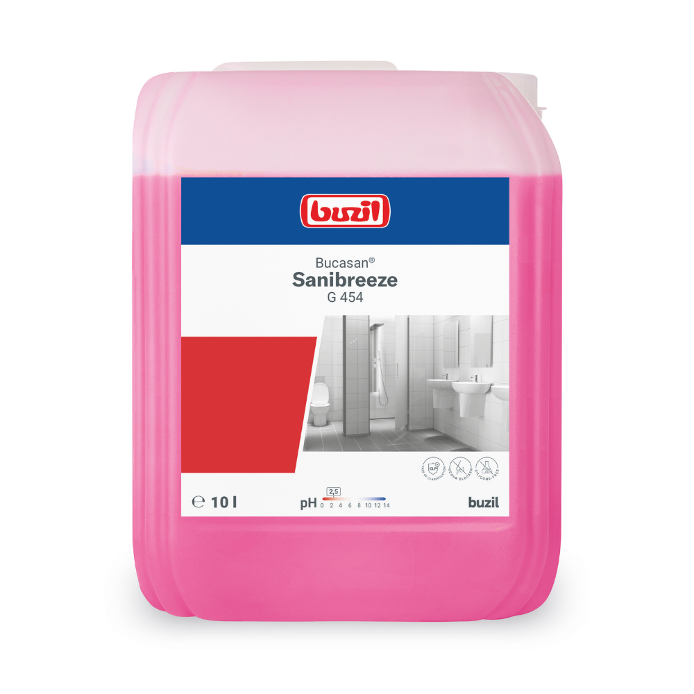 Ein rosa 10-Liter-Behälter mit Buzil Bucasan® Sanibreeze G 454 Sanitärunterhaltsreiniger, hergestellt von BUZIL-WERK Wagner GmbH & Co. KG, ist mit einem Etikett versehen, auf dem das Markenlogo, der Produktname und ein Badezimmerbild zu sehen sind. Es hebt seine Fähigkeit hervor, Kalkablagerungen zu entfernen und Oberflächen dank seiner Formel auf Zitronensäurebasis mit Geruchsblocker makellos zu halten.