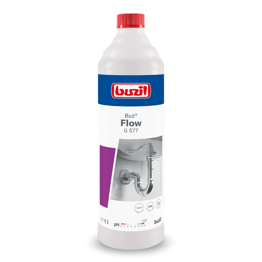 Butelka o pojemności 1 litra płynnego środka do czyszczenia rur Buzil Buz® Flow G 577, wyprodukowana przez firmę BUZIL-WERK Wagner GmbH & Co. KG. Na etykiecie widnieje grafika przedstawiająca instalację sanitarna oraz logo produktu. Butelka, w przeważającej części biała, jest ozdobiona czerwonymi, niebieskimi i fioletowymi akcentami oraz wyposażona w czerwoną nakrętkę, która służy do skutecznego usuwania zatorów w odpływach.