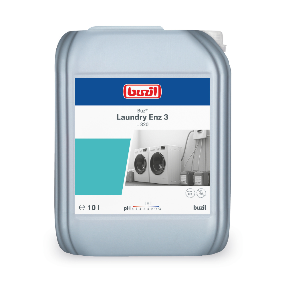 Ein 10-Liter-Behälter mit Buzil Buz® Laundry Enz 3 L 820, hergestellt von BUZIL-WERK Wagner GmbH & Co. KG, ist mit dem Logo und den Produktdetails gekennzeichnet. Das Etikett richtet sich an professionelle Anwender und zeigt Bilder von Waschmaschinen sowie Informationen zu Flüssigkeitsmenge und pH-Wert. Dieser Behälter mit enzymhaltigem Flüssigwaschmittelkonzentrat verfügt über einen Tragegriff und eine Kappe oben.