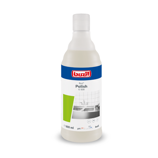 Butelka 600 ml Buzil Buz® Polish G 508 Gotowe do użycia mleczko do szorowania, stojąca pionowo. Etykieta ma niebiesko-biały design z zielonymi akcentami i obraz kafelkowanej powierzchni, co podkreśla skuteczność w czyszczeniu powierzchni. Logo marki BUZIL-WERK Wagner GmbH & Co. KG jest umieszczone u góry w widocznym miejscu.