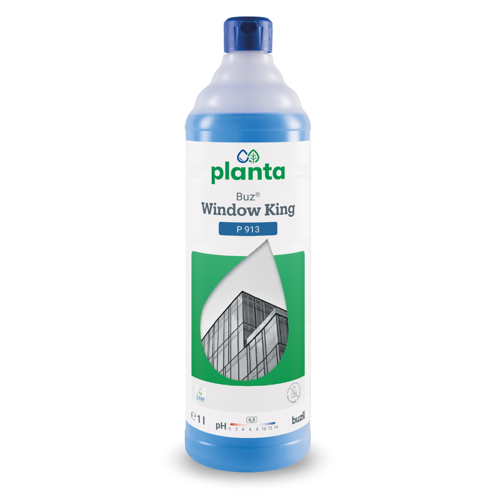 Buzil Buz® Window King P 913, produkt firmy BUZIL-WERK Wagner GmbH & Co. KG, jest prezentowany z oznakowaniem ekologicznym UE. Etykieta przedstawia fasadę budynku w obrębie kroplowatej ramki i wskazuje na przyjazny dla środowiska koncentrat do czyszczenia szkła i okien z efektem antybrudowym. Przeważnie biało-niebieska butelka ma pojemność 1 litra.