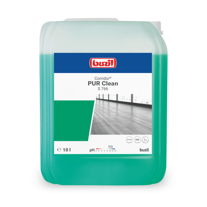 Obrazek 10-litrowego pojemnika Buzil Corridor® PUR Clean S 766 Ultranetzender Bodenreiniger mit Geruchsblocker od BUZIL-WERK Wagner GmbH & Co. KG. Pojemnik wypełniony zielonym płynem pokazuje etykietę produktu z informacjami o wymiarach i pH oraz obrazek nieskazitelnej drewnianej podłogi. Idealny, aby dzięki formule blokera zapachów podłogi pachniały świeżo.